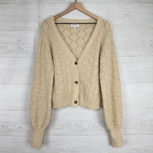 Driftwood Nancy Cardigan Sweater Women L Cream Cotton V Neck Balloon Sleeve Boho - Picture 15 of 16